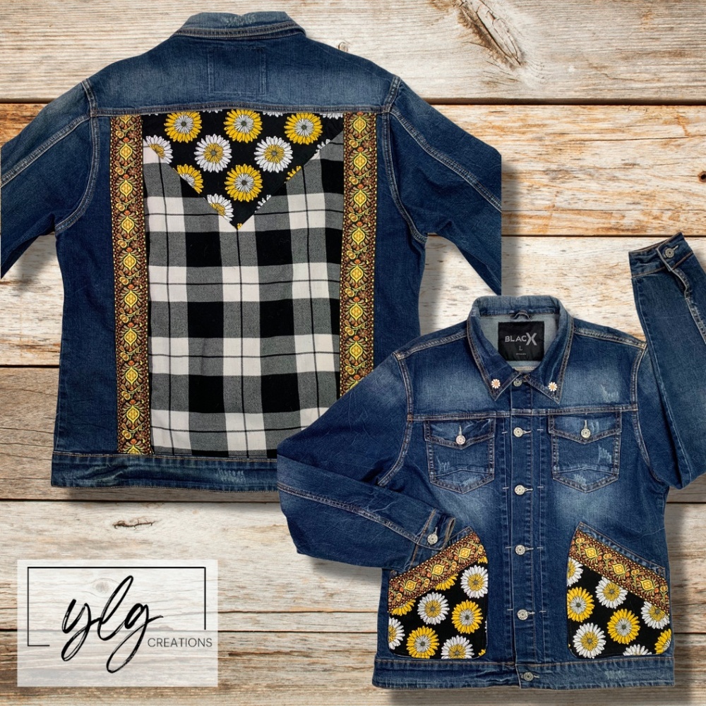 Boho Denim Jacket Floral Buffalo Plaid Country Girl Western Chic Daisy